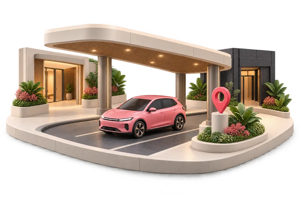Conceptual illustration of a rose car at a covered pickup curb